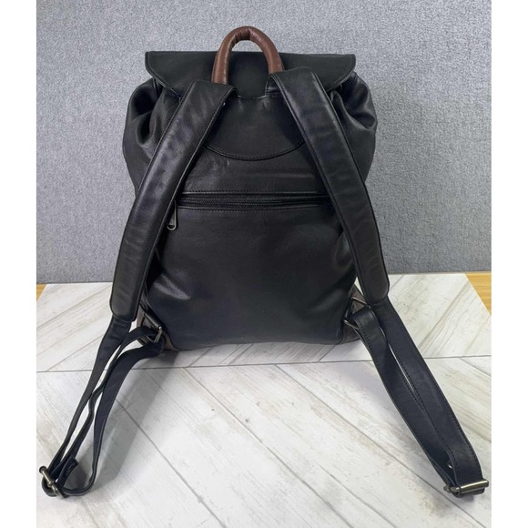 BREE Germany Leather Backpack Purse Black Brown Two Tone Drawstring Flap Bag VTG main image 9